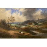 19th century Continental School, oil on board, River landscape with cattle, unsigned, 19 x 30cm,