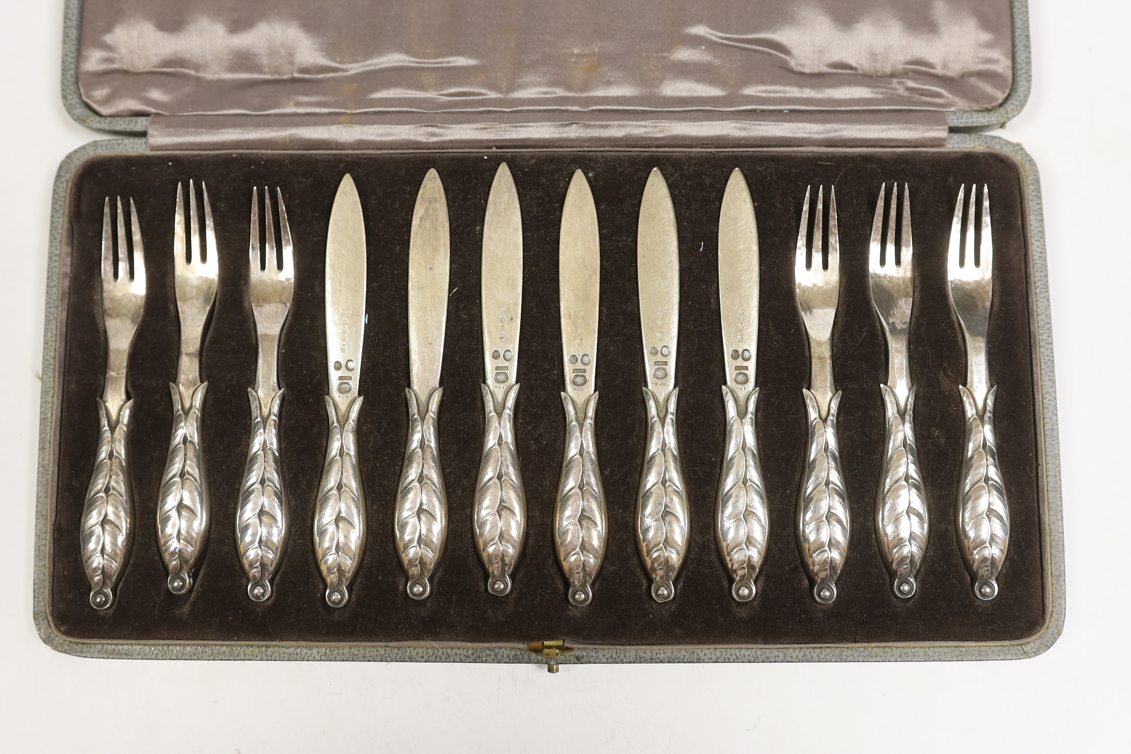 Six pairs of 1920's Georg Jensen silver dessert eaters, design no. 124, import marks for London, - Image 2 of 2