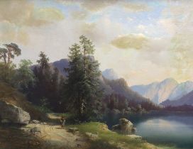 Carl Hasch (Austrian, 1836-1897), oil on canvas, Continental lakeside landscape before mountains,
