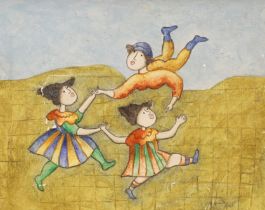 Joyce Roybal (b.1955), oil on board, Three children playing, signed, 40 x 50cm