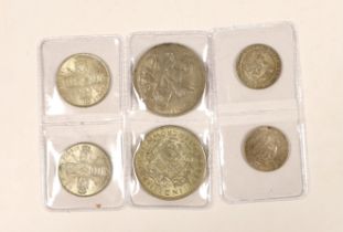 George V silver coins: two Florins, both 1923, good EF and AEF, two crowns 1935 and 1937 and two