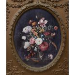 W.H. Darlington (20th. C), oval oil on board, Still life of flowers and fruit, signed and dated