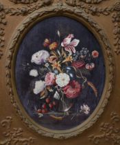 W.H. Darlington (20th. C), oval oil on board, Still life of flowers and fruit, signed and dated