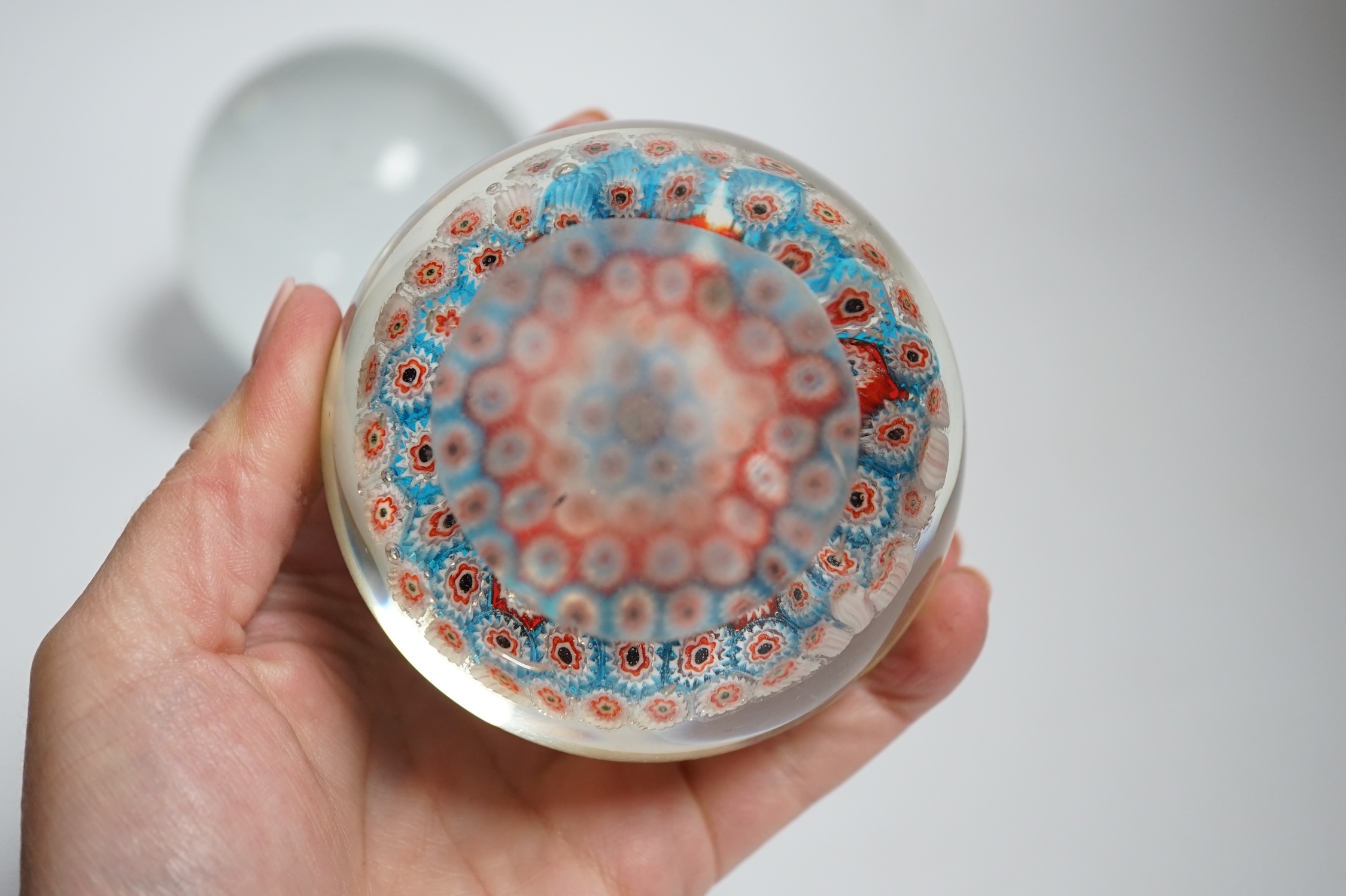 Two millefiori paperweights and a glass ball, largest 10cm in diameter - Image 5 of 5