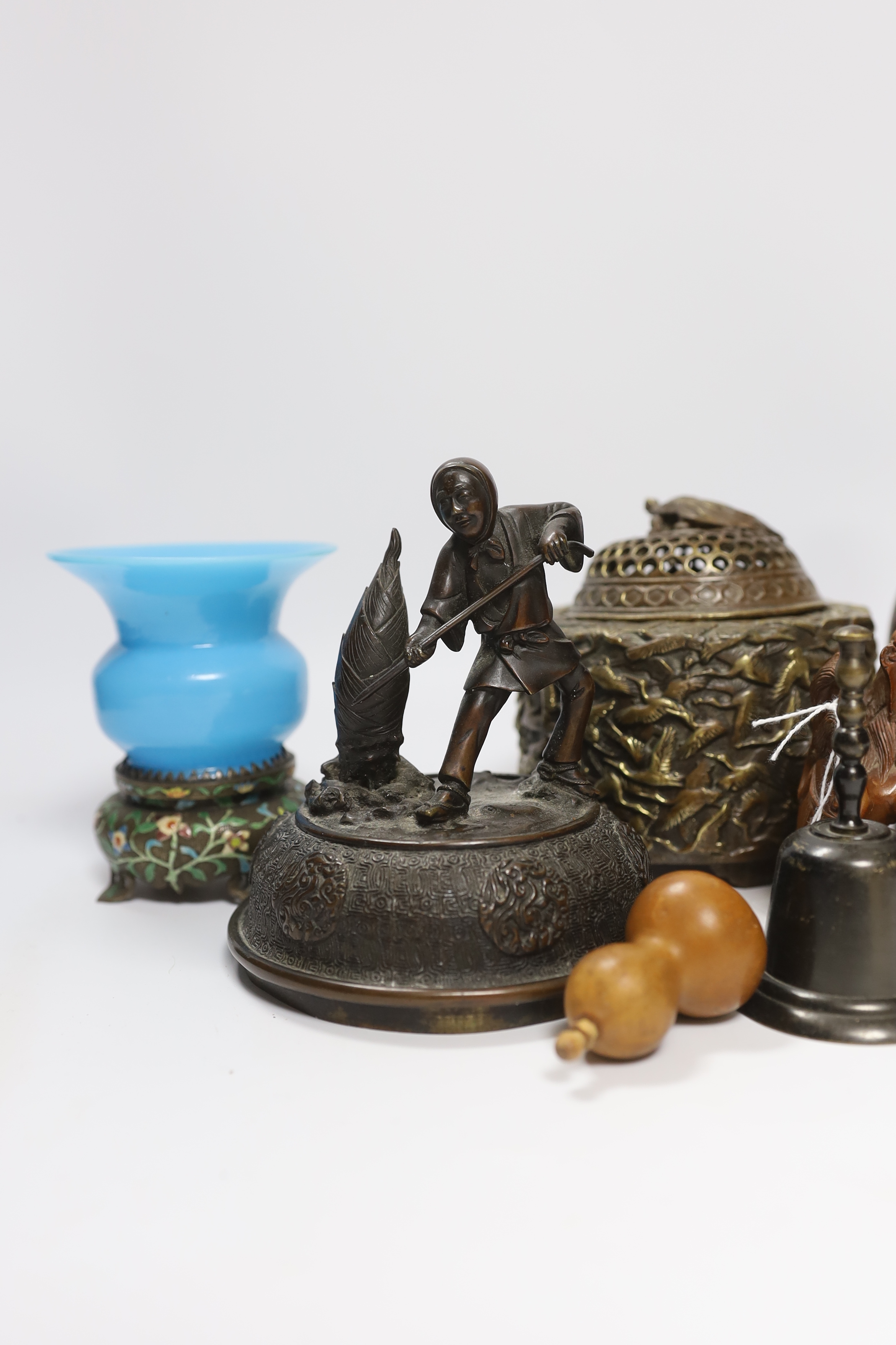 A quantity of Chinese bronzes and wood carvings including stands, seated Buddha etc. - Image 3 of 6