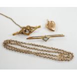 A 9ct chain, 42cm, a 15ct and diamond set heart shaped bar brooch, a 9ct and gem set bar brooch