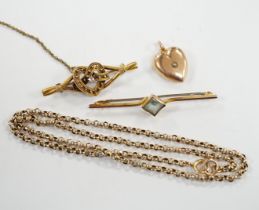 A 9ct chain, 42cm, a 15ct and diamond set heart shaped bar brooch, a 9ct and gem set bar brooch