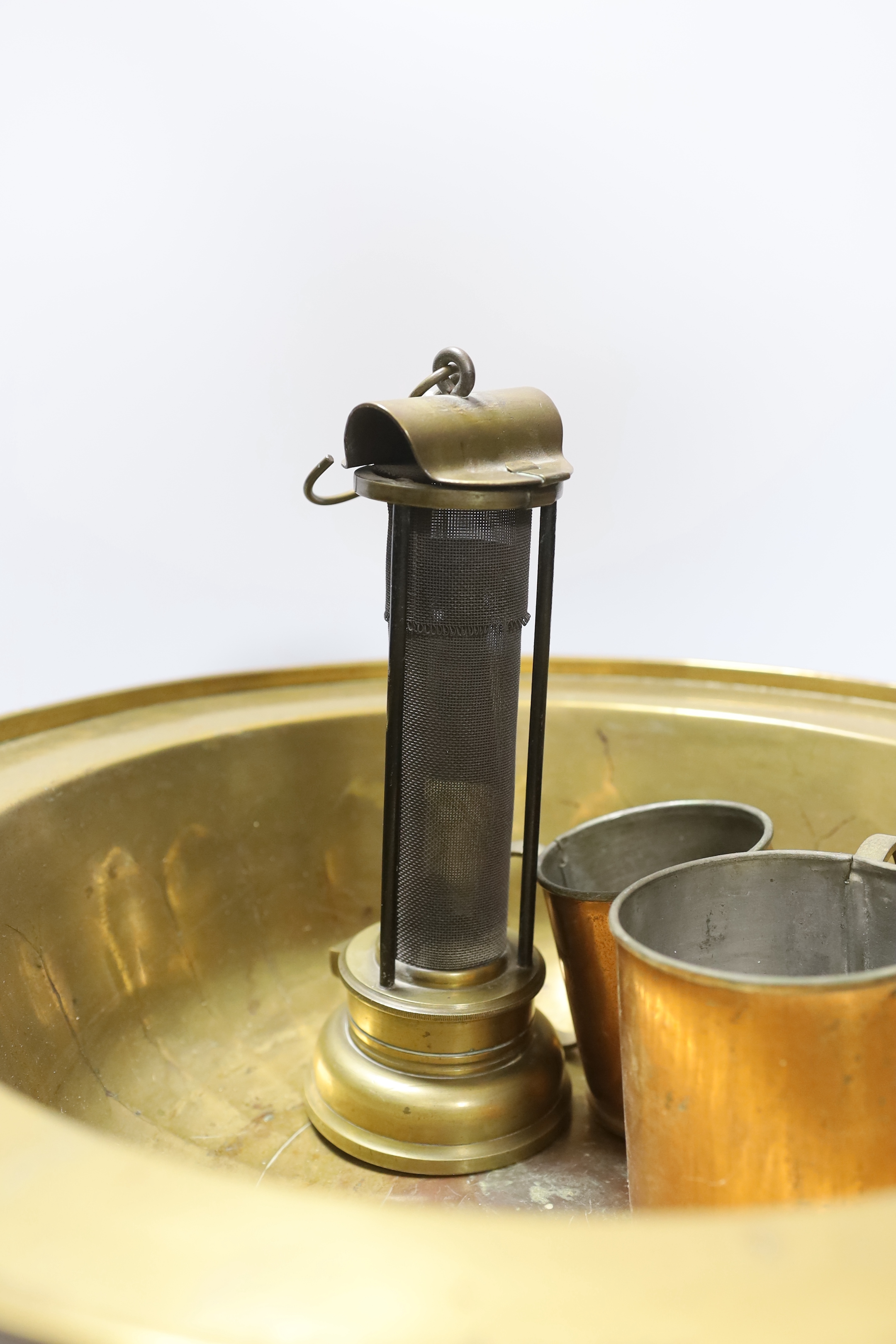 A miner's brass Davy lamp, signed E.Thomas & Williams, a large brass bowl and three graduated copper - Image 3 of 5