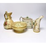 Three pieces of Royal Worcester blush ivory porcelain and an early 19th century pearlware teapot,