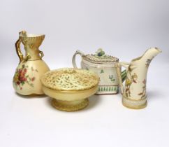 Three pieces of Royal Worcester blush ivory porcelain and an early 19th century pearlware teapot,