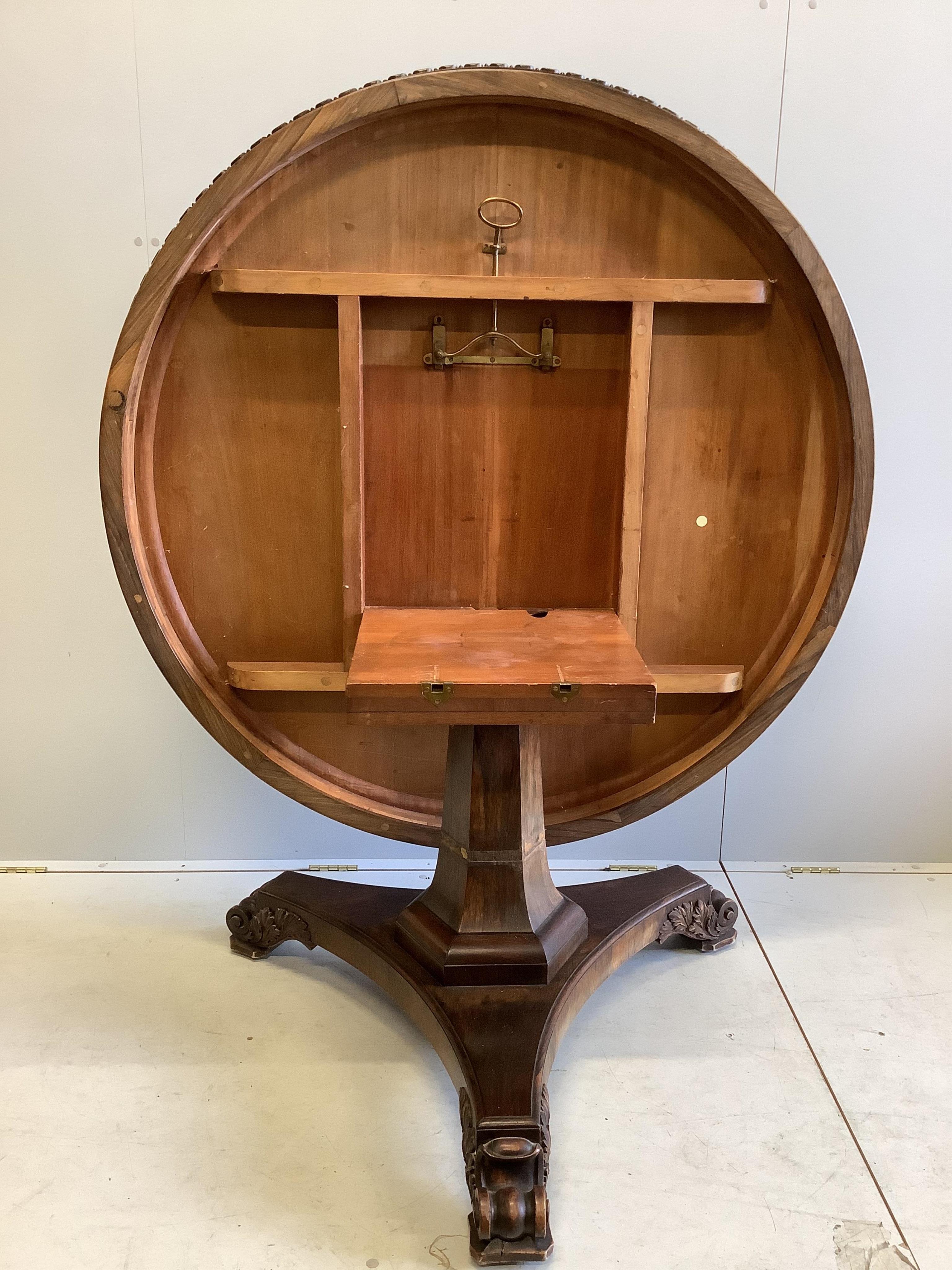 A William IV circular rosewood centre table, the tilt top with lappet carved edge on single - Image 2 of 5