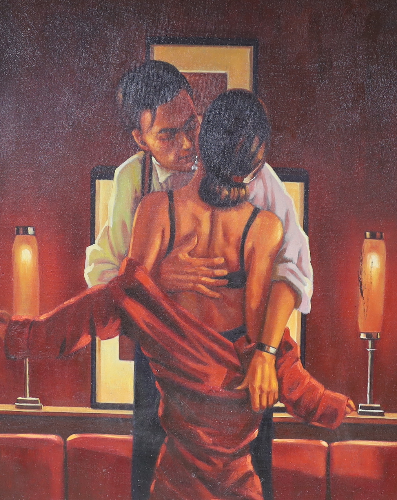 Manner of Jack Vettriano (b.1972), oil on canvas board, Two figures in an interior, 60 x 49cm