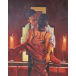 Manner of Jack Vettriano (b.1972), oil on canvas board, Two figures in an interior, 60 x 49cm