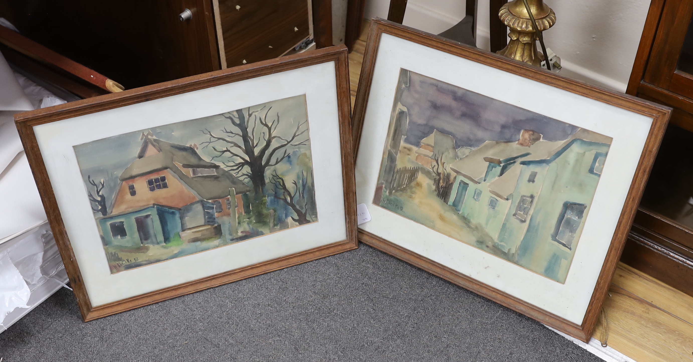 W Loschke, pair of watercolours, Street scenes, each signed and dated ‘52, 27 x 38cm
