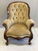 A Victorian walnut upholstered spoonback armchair, width 75cm, depth 80cm, height 94cm