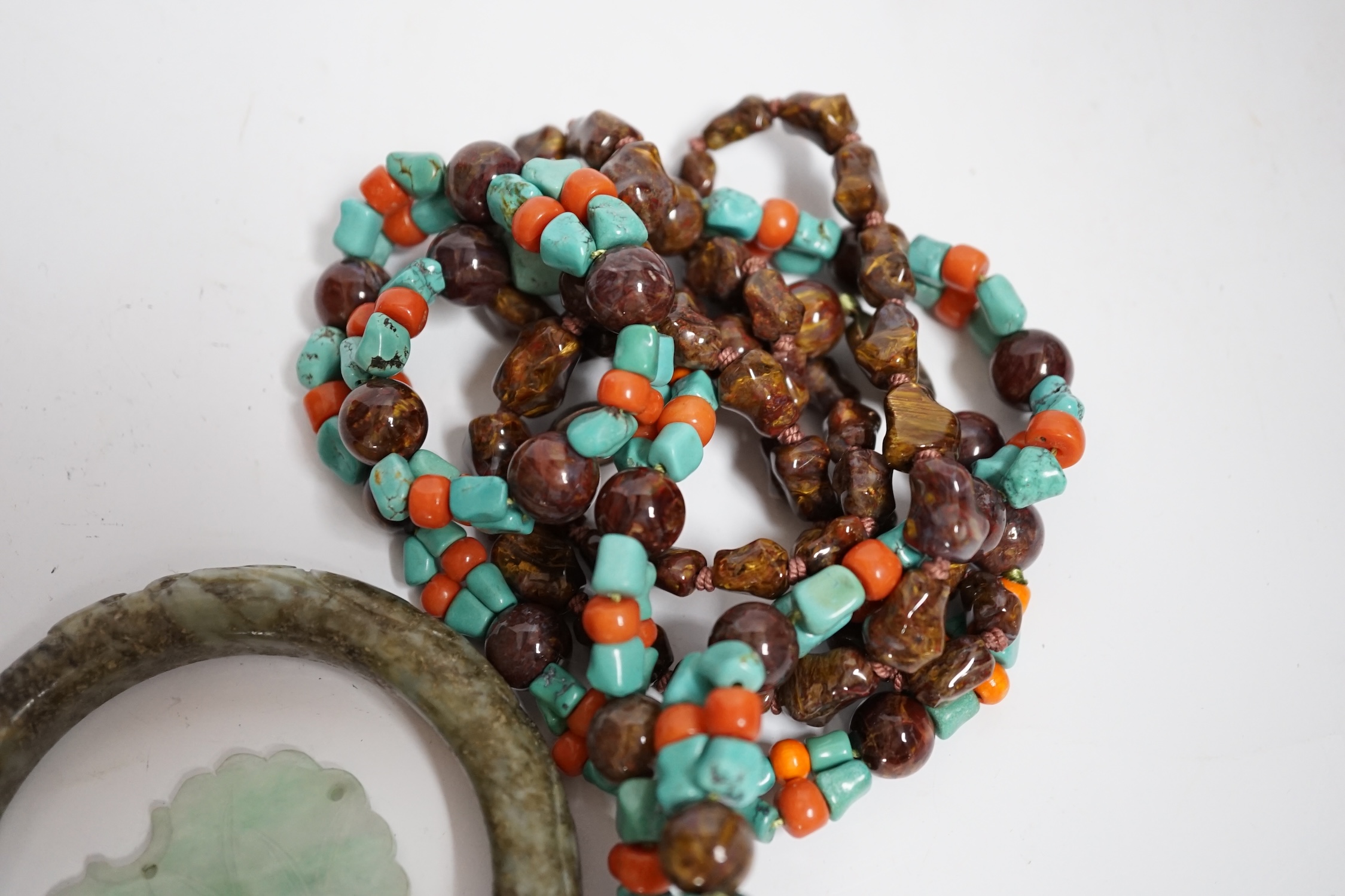 Two Chinese hardstone necklaces, a carved bangle and a jade carving, bangle 8.5cm in diameter - Image 4 of 4