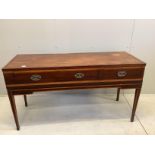 A 19th century satinwood banded mahogany secretaire writing table converted from a square piano,