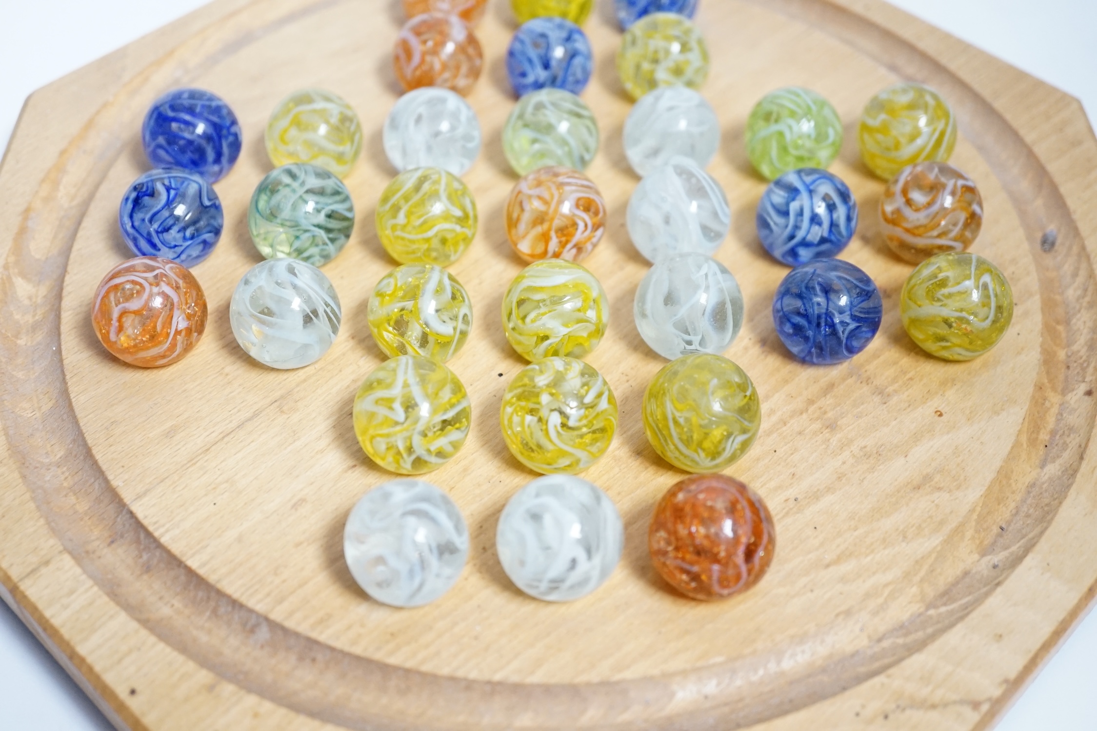 A turned wood solitaire board with multi-coloured glass marbles, 27cm wide - Image 2 of 4