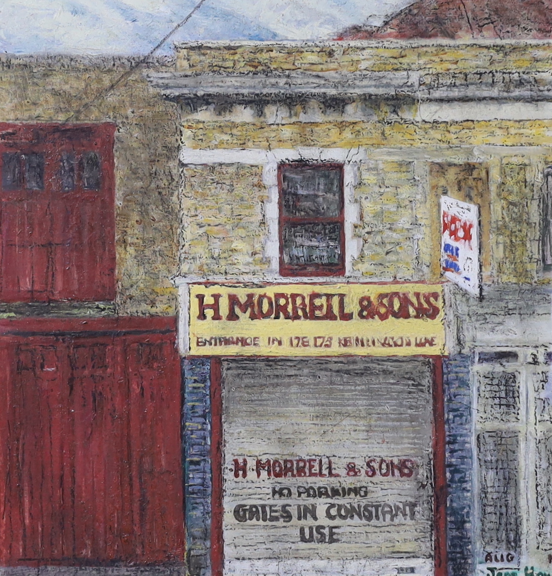Jean Howell (b.1946), contemporary oil on board, London street scene, signed, 15 x 14cm