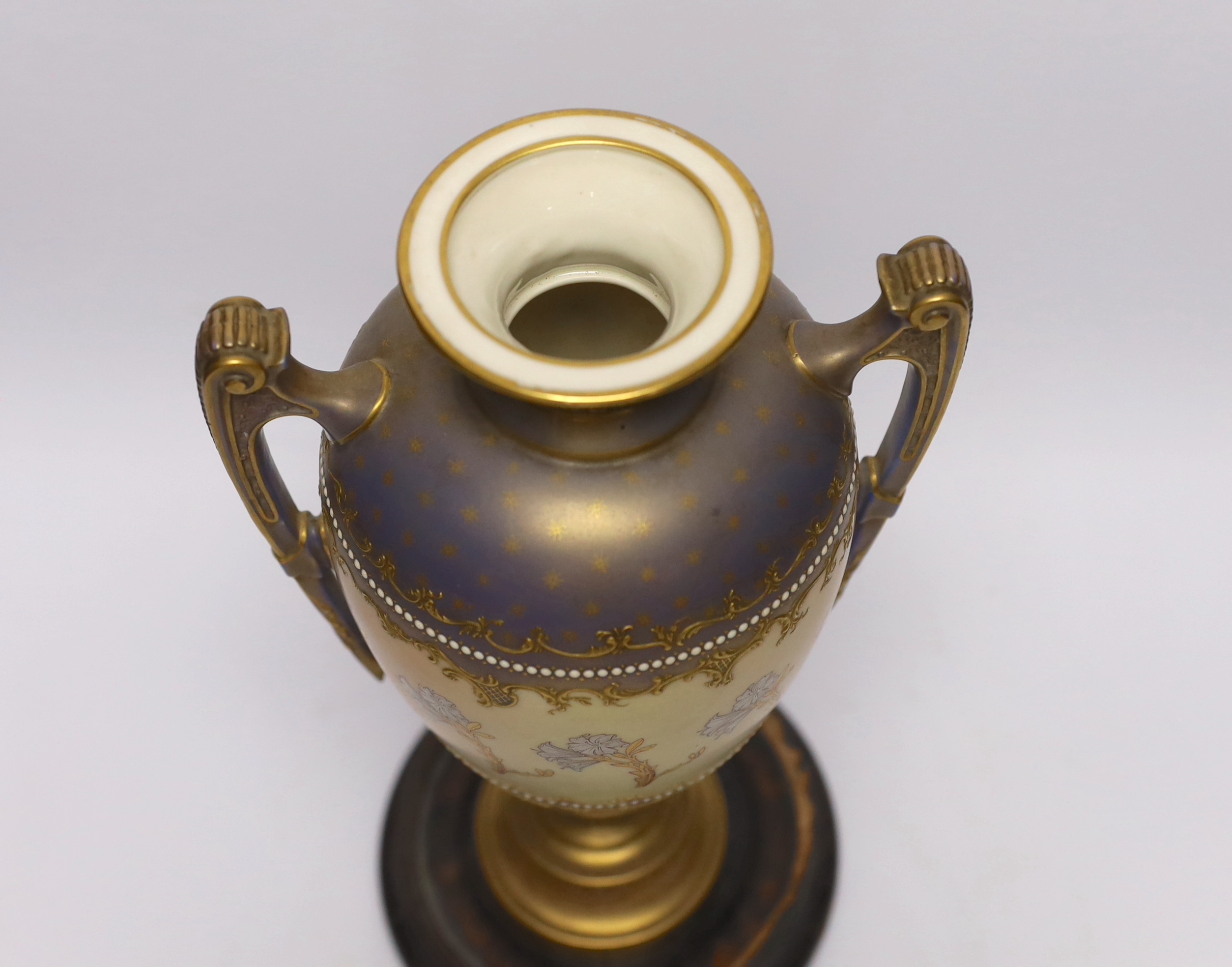 A Royal Worcester blush ivory two handled vase, model no. 1481, with hardwood stand, 31cm - Image 4 of 5