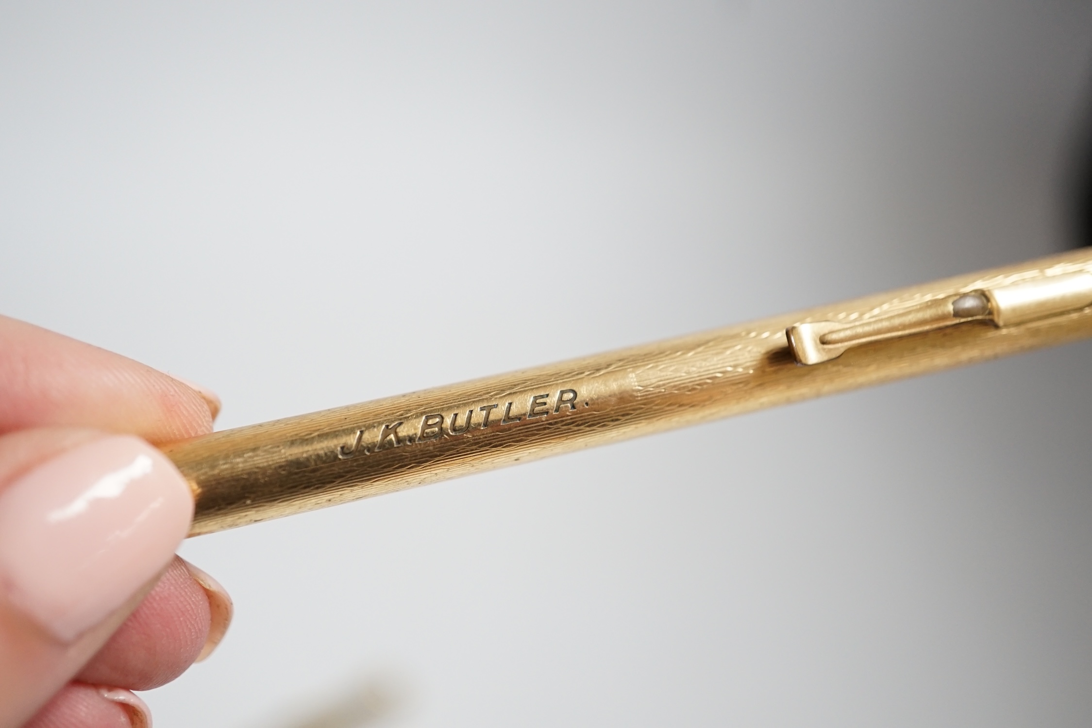 A 9 carat? (marks rubbed) pencil and another rolled gold pencil - Image 2 of 3