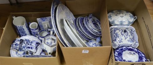 A collection of 19th / 20th century blue and white pottery including platters, tureens and jugs