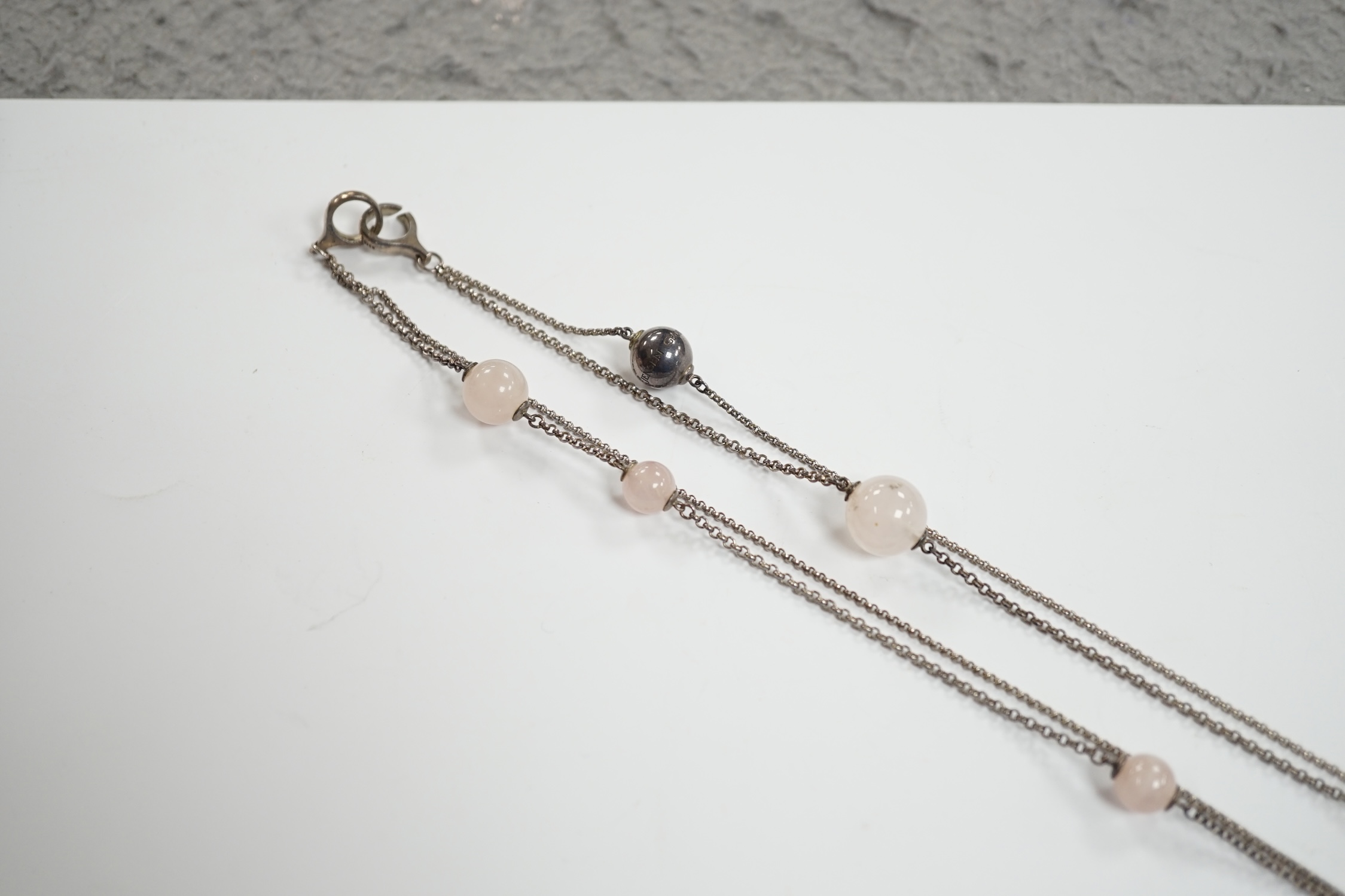 A modern Georg Jensen twin strand silver and rose quartz twelve stone rose quartz sphere set - Image 3 of 4