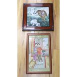 Two Chinese framed enamelled porcelain plaques, one of a tiger and another of two girls, largest