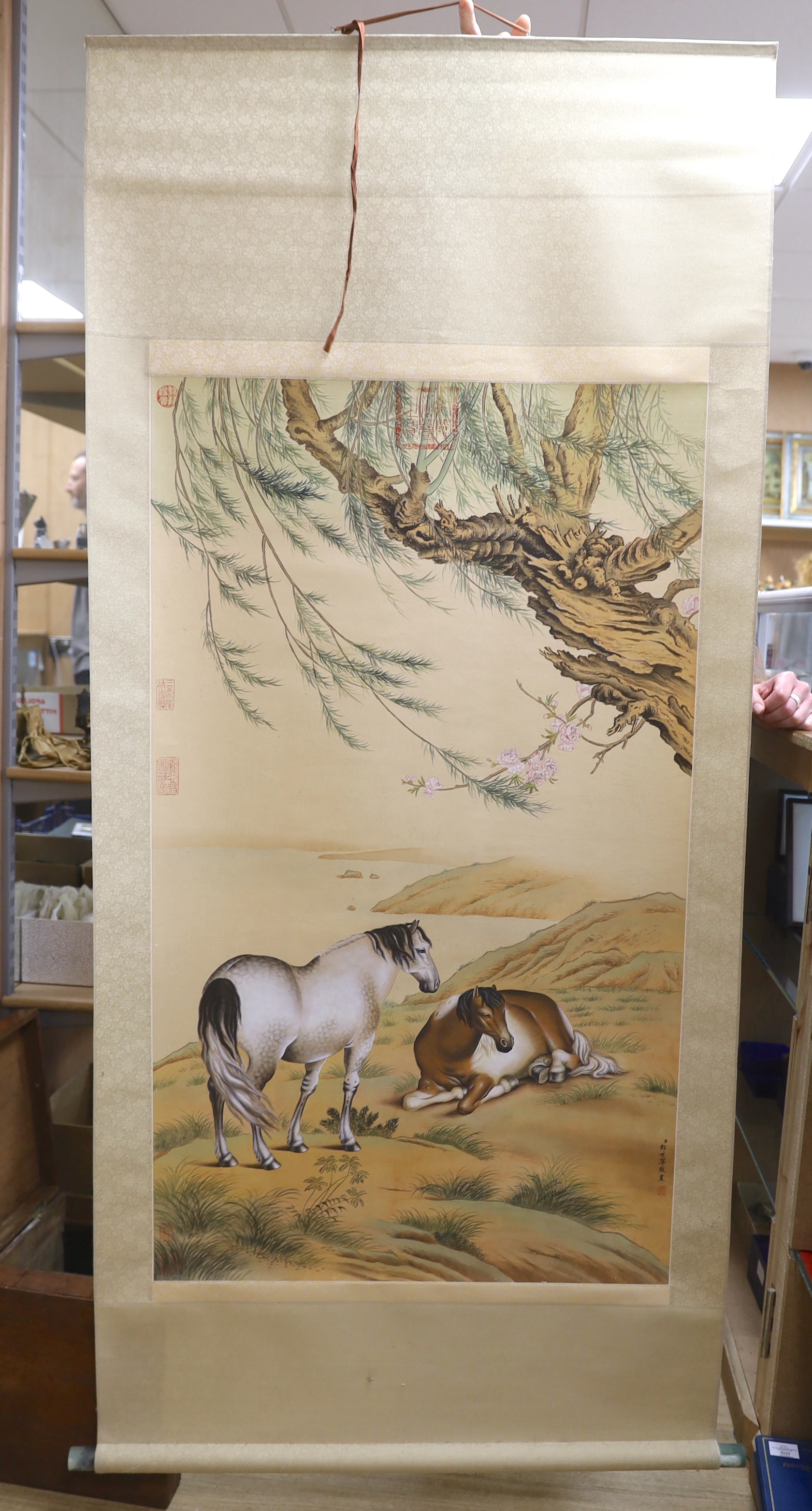 After Giuseppe Castiglione, a Chinese style scroll painting of horses, 188cm in length overall - Image 2 of 3