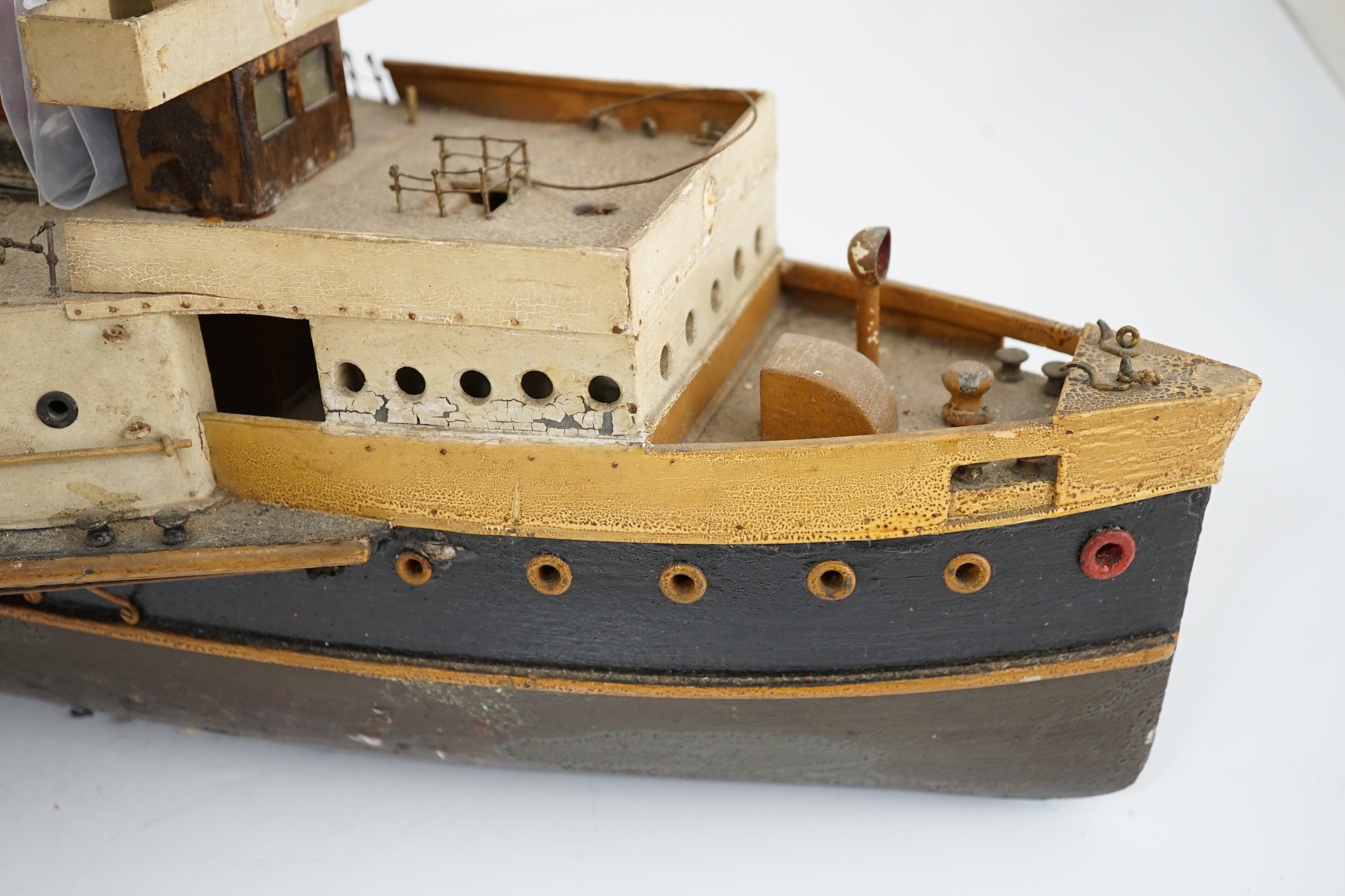 A wooden model of a paddle steamer, with a well detailed deck and with some age to the model, - Image 2 of 4