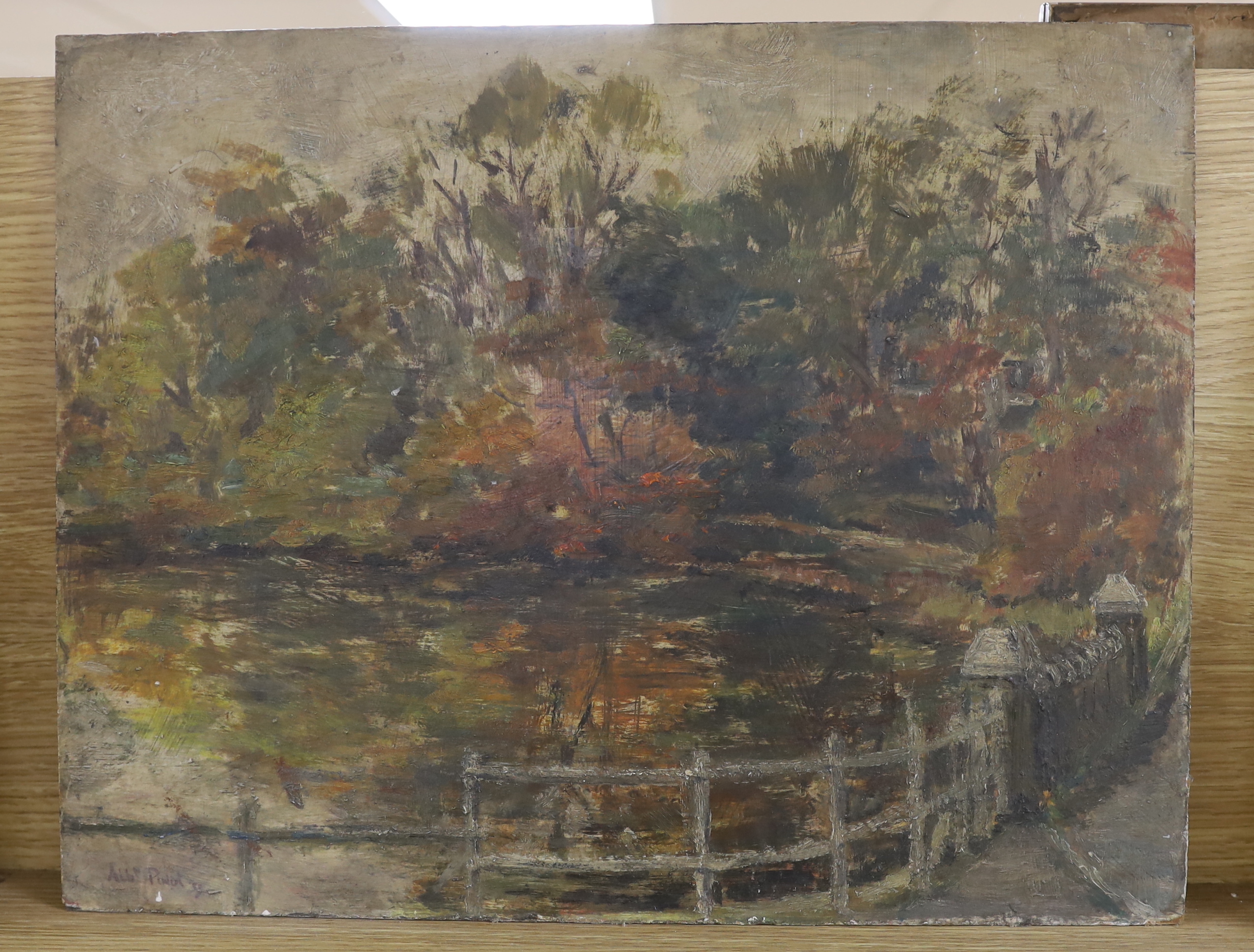 Albert Pinot (1875-1962), oil on board, Lake scene, signed and dated '58, 35 x 45cm, unframed - Image 3 of 4