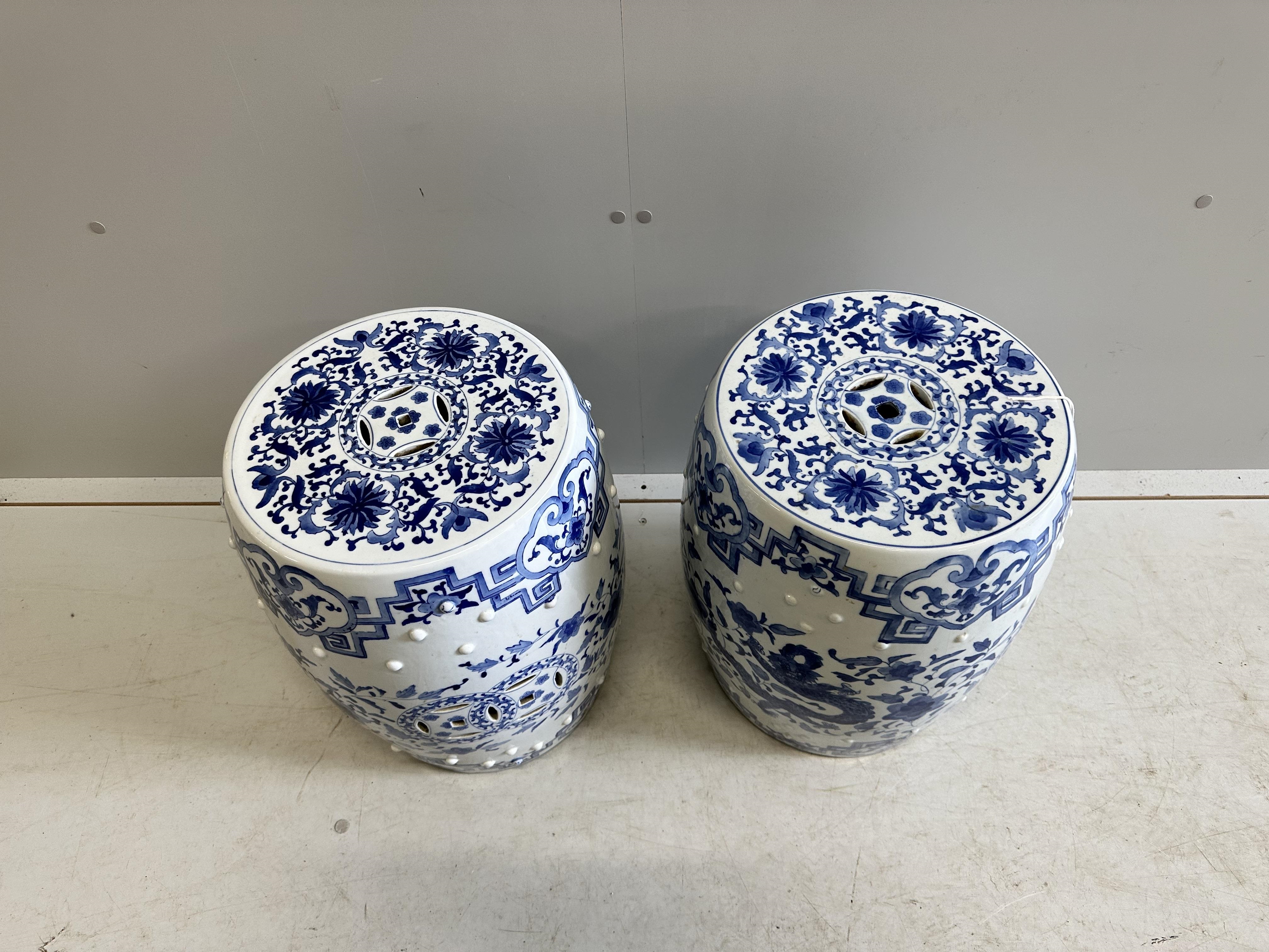 A pair of modern Chinese blue and white earthenware seats, height 46cm - Image 2 of 2
