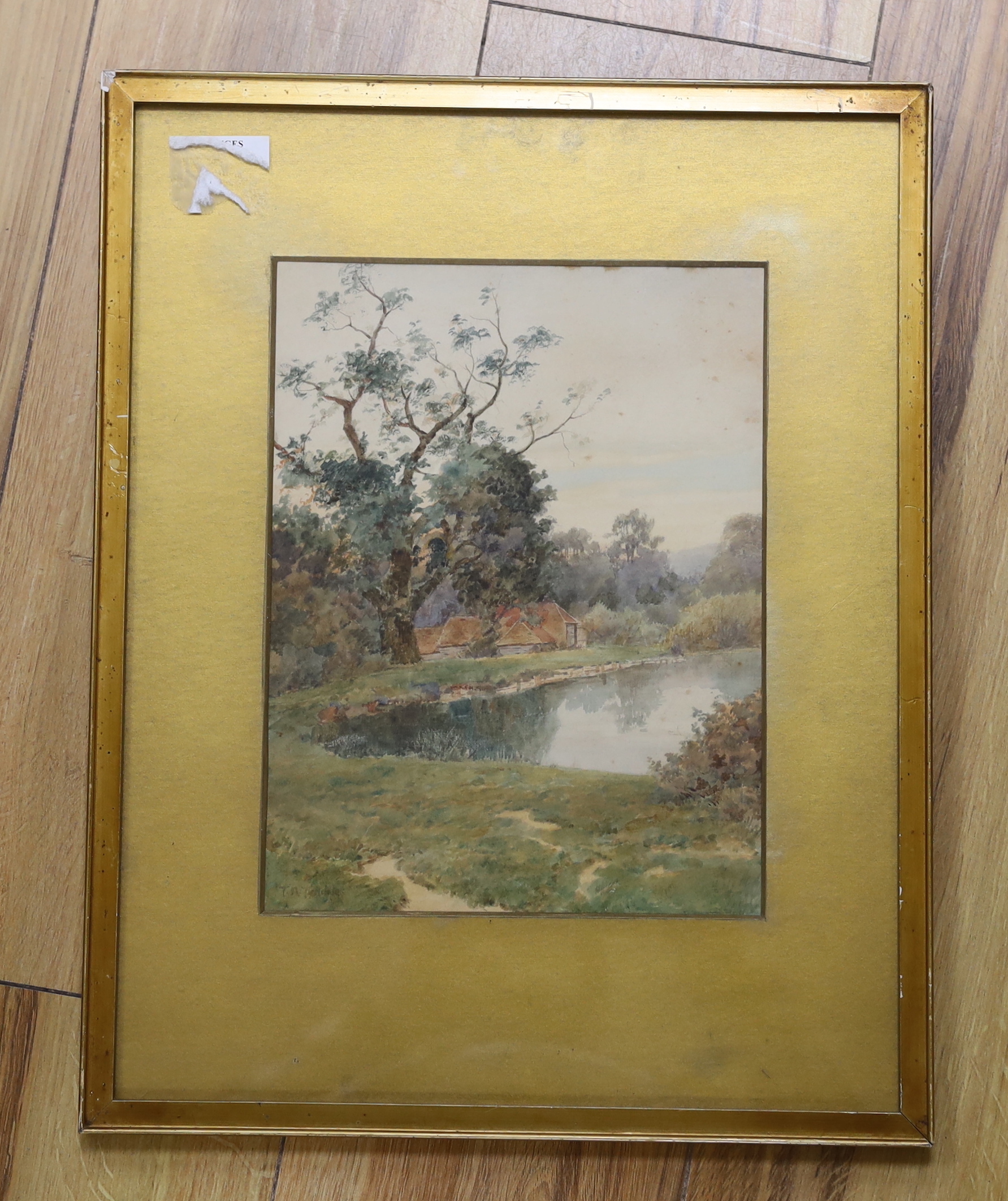 Thomas Nicholson Tyndale (1858-1936), watercolour, Farmhouse beside a lake, signed, 26 x 20cm - Bild 4 aus 5