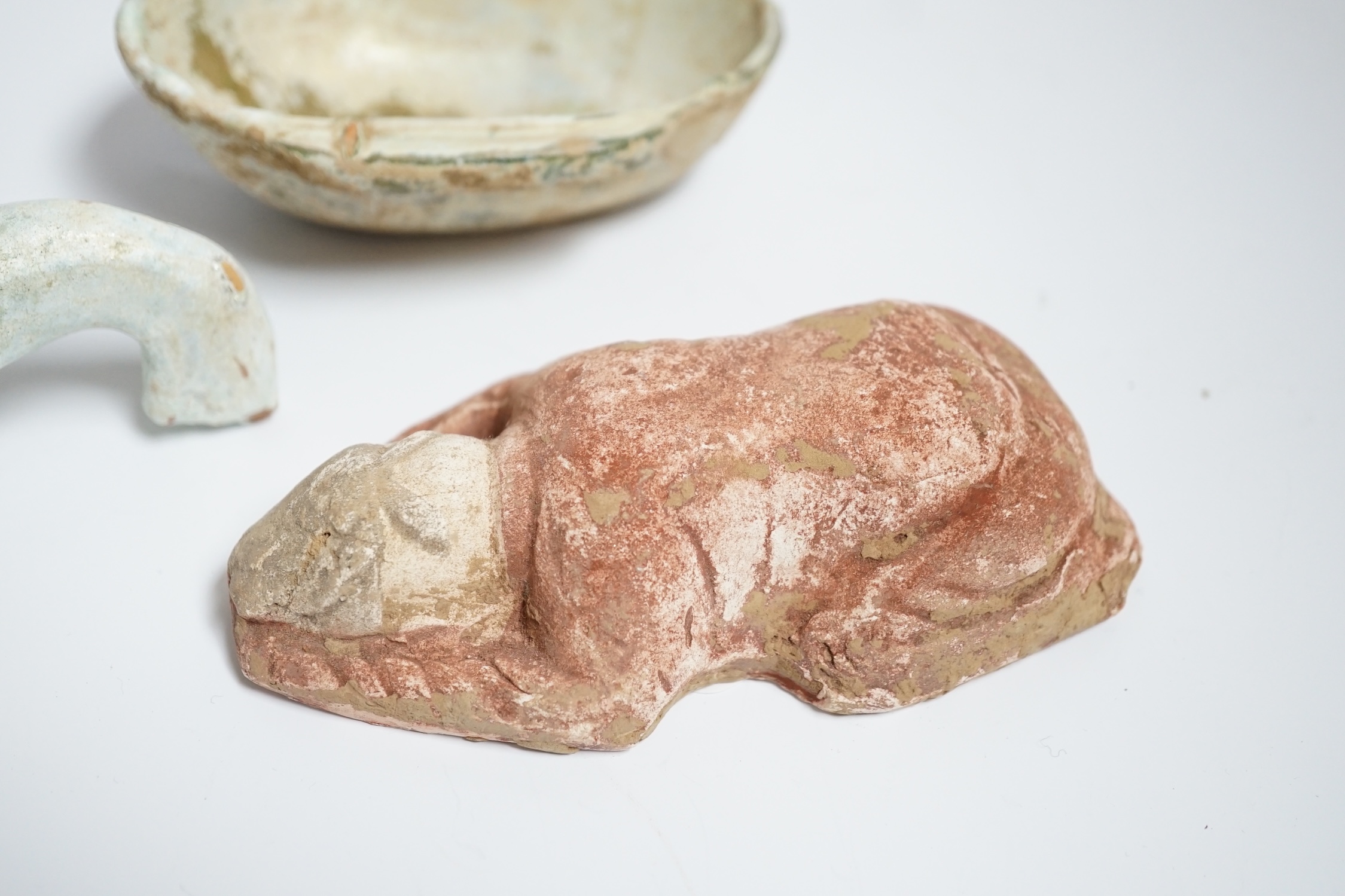 A Chinese glazed pottery ‘ear’ cup and similar spoon, Han dynasty, and a pottery figure, Song - Image 2 of 4