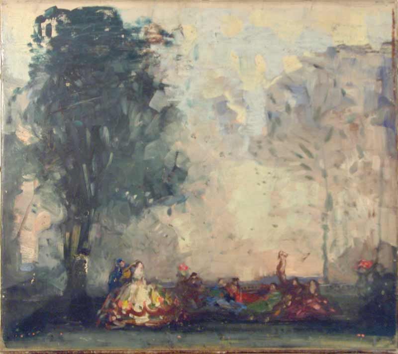 William George Robb (1872-1940), oil on canvas, Figures in parkland, 45 x 50cm, unframed - Image 5 of 9