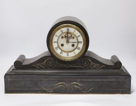A 19th century French polished black slate mantel clock, 50cm wide