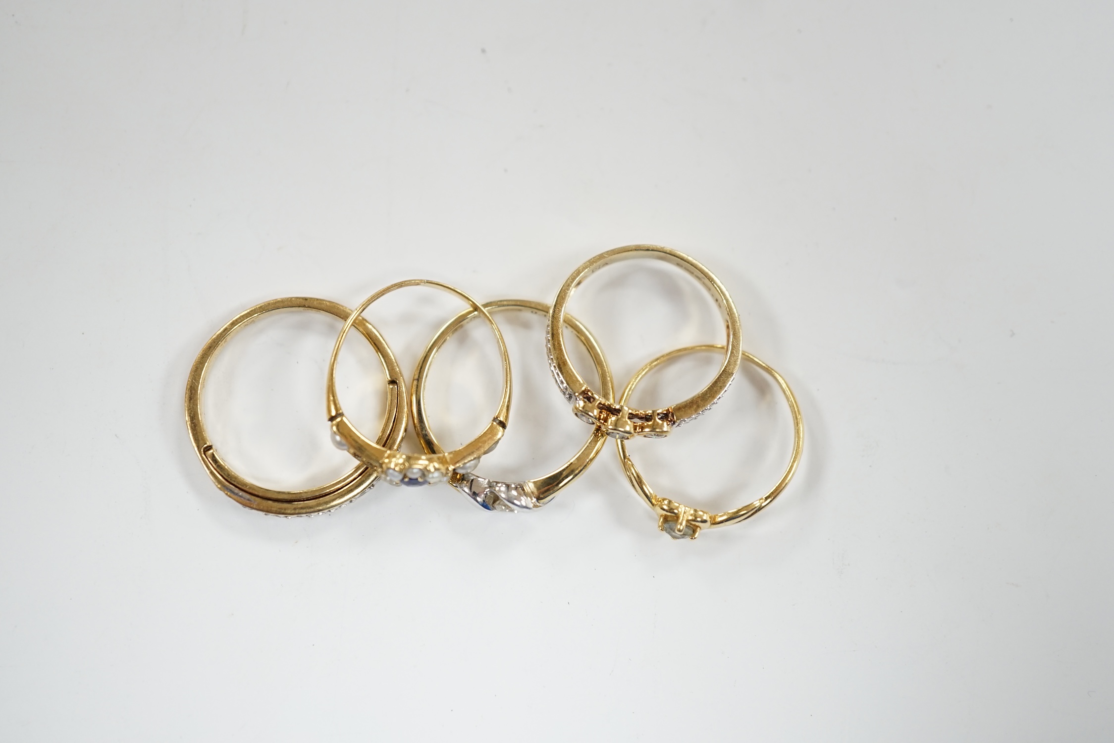 Three assorted modern 9ct gold and diamond set rings, gross 6.5 grams and two other yellow metal and - Image 6 of 6
