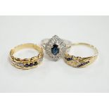Three assorted 18k, sapphire and diamond chip set rings, including one French ring, gross weight 8.6