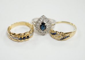 Three assorted 18k, sapphire and diamond chip set rings, including one French ring, gross weight 8.6