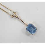 A 9c, single stone synthetic blue spinel and single stone diamond set drop pendant necklace, 44cm,