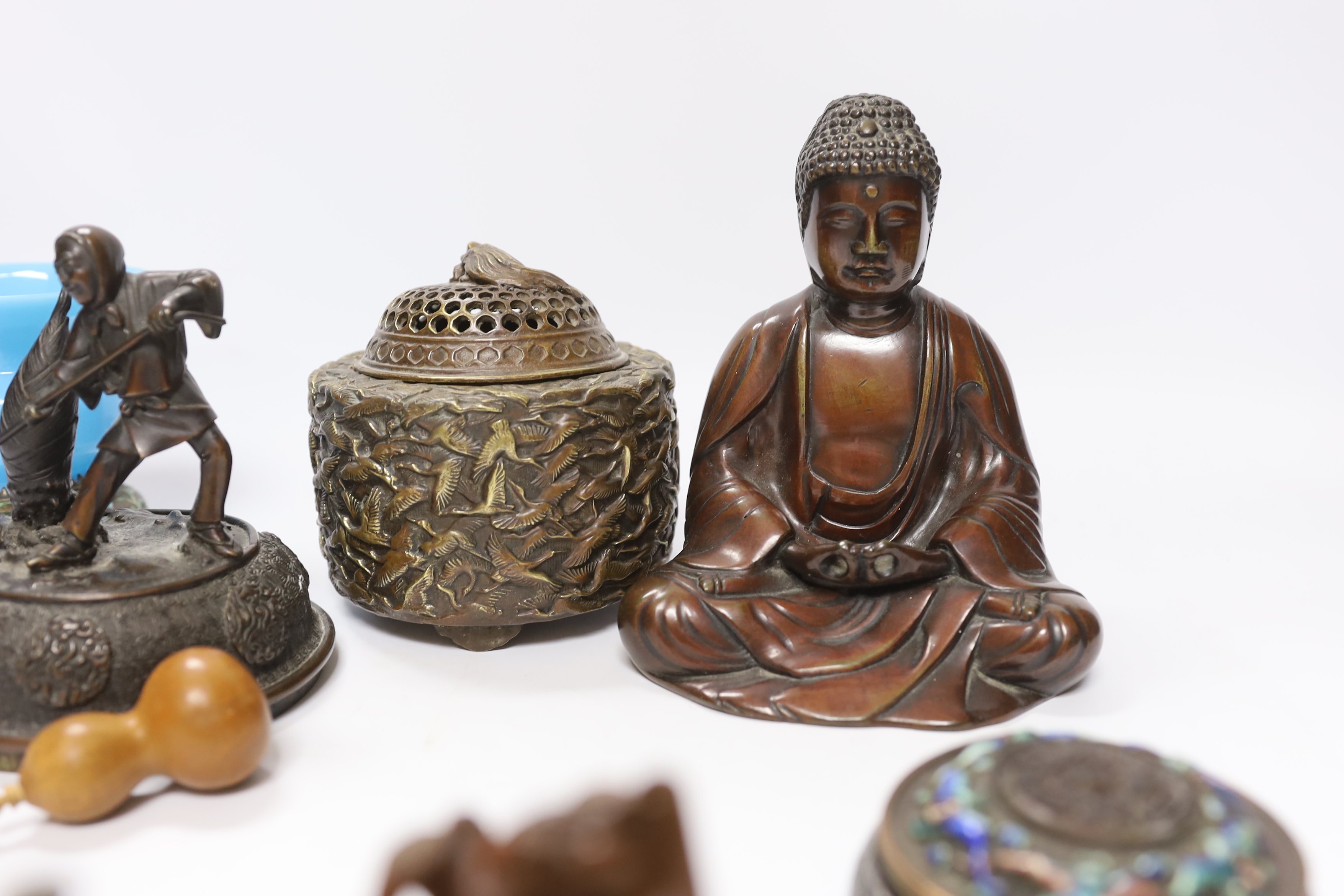 A quantity of Chinese bronzes and wood carvings including stands, seated Buddha etc. - Image 4 of 6