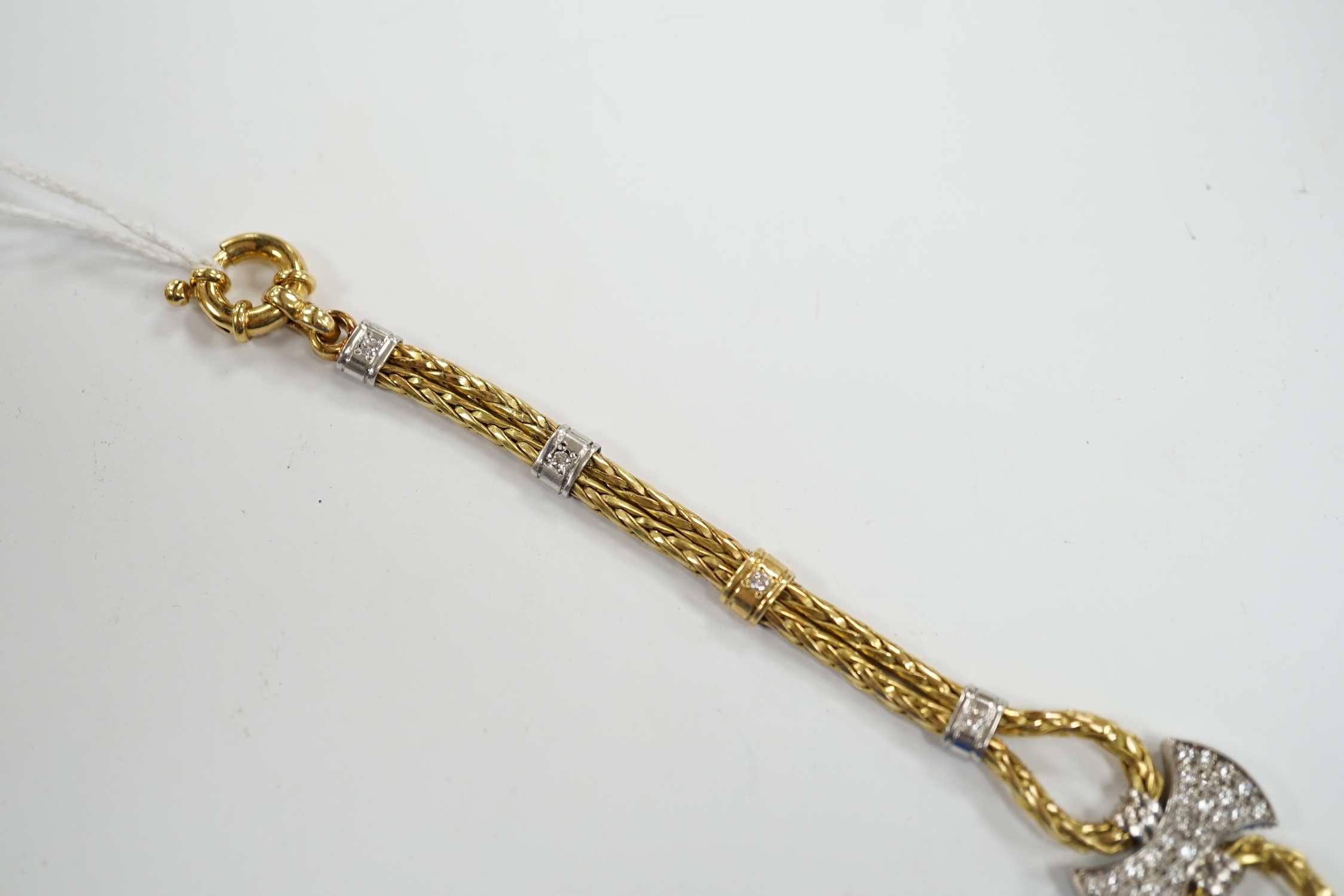 A modern 750 yellow metal and diamond cluster set bracelet, 21.5cm, gross weight 33.9 grams. - Image 4 of 5