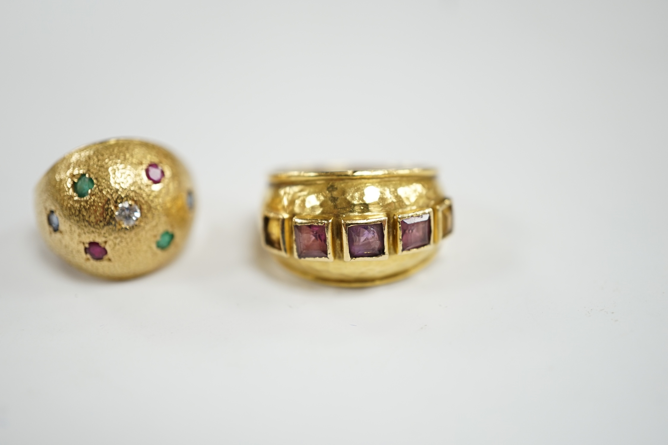 A textured yellow metal, emerald, ruby and diamond set domed ring, size K, together with a stylish - Image 3 of 6