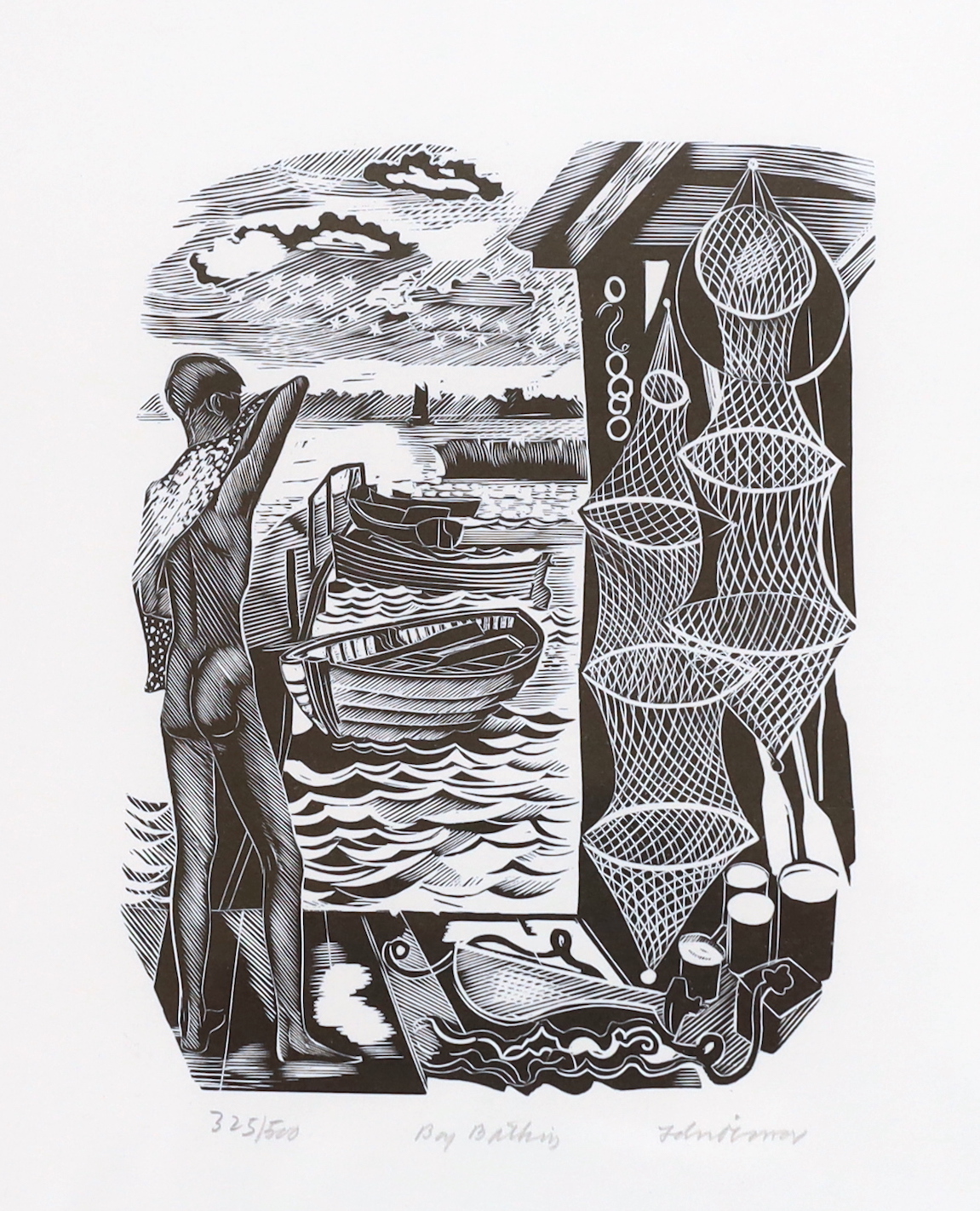 John O'Connor (1913-2004), wood engraving, Boy bathing, signed in pencil, limited edition 325/500,