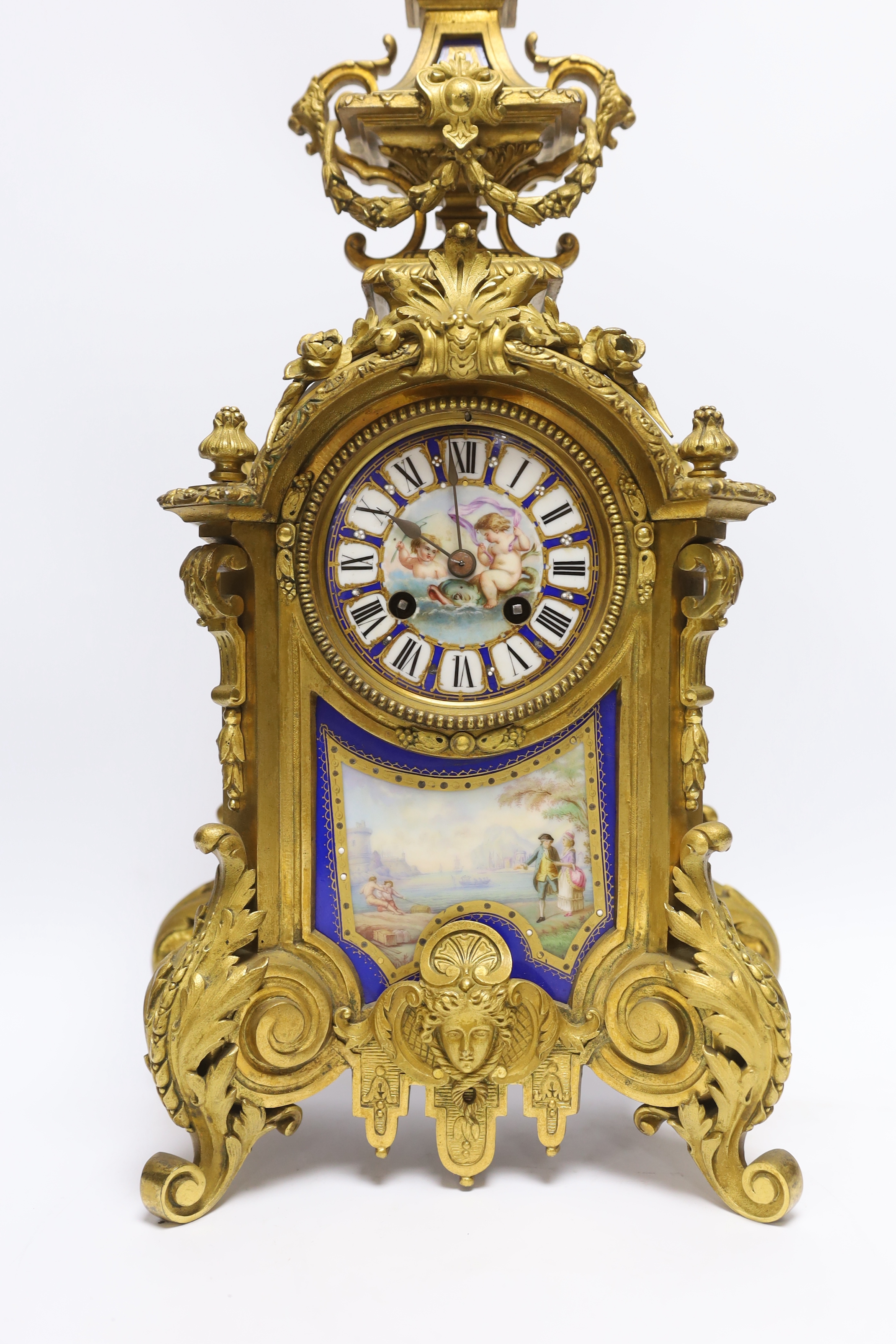 A Sevres style ormolu clock, Miller & Sons with two similar gilt spelter urns, pendulum no key, - Image 3 of 6