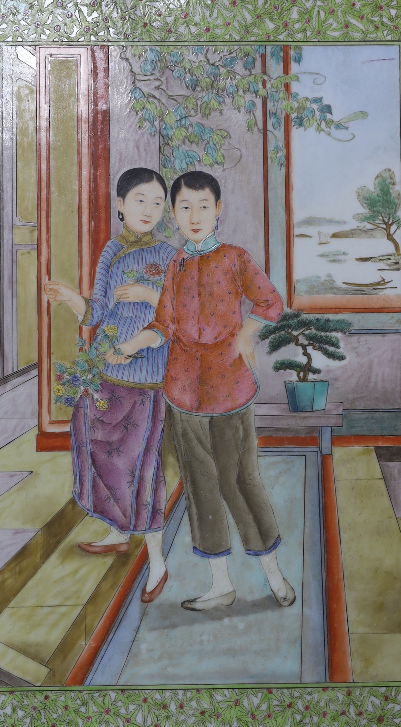 Two Chinese framed enamelled porcelain plaques, one of a tiger and another of two girls, largest - Image 2 of 3