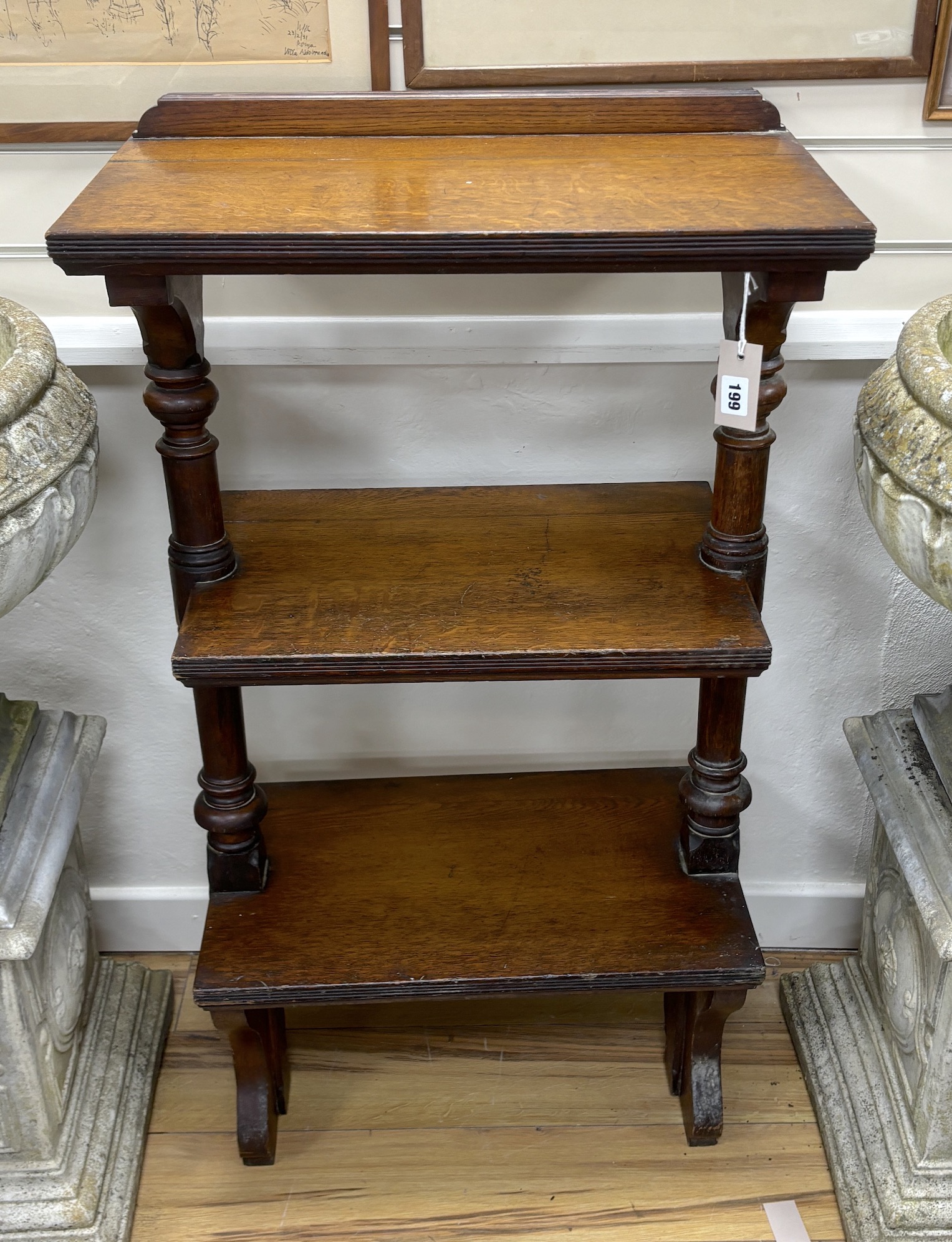 A Victorian oak rectangular three tier lectern, width 61cm, depth 34cm, height 110cm