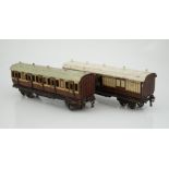 Two Marklin 0 gauge tinplate LNWR coaches; a First Third composite and a Full Guard’s van