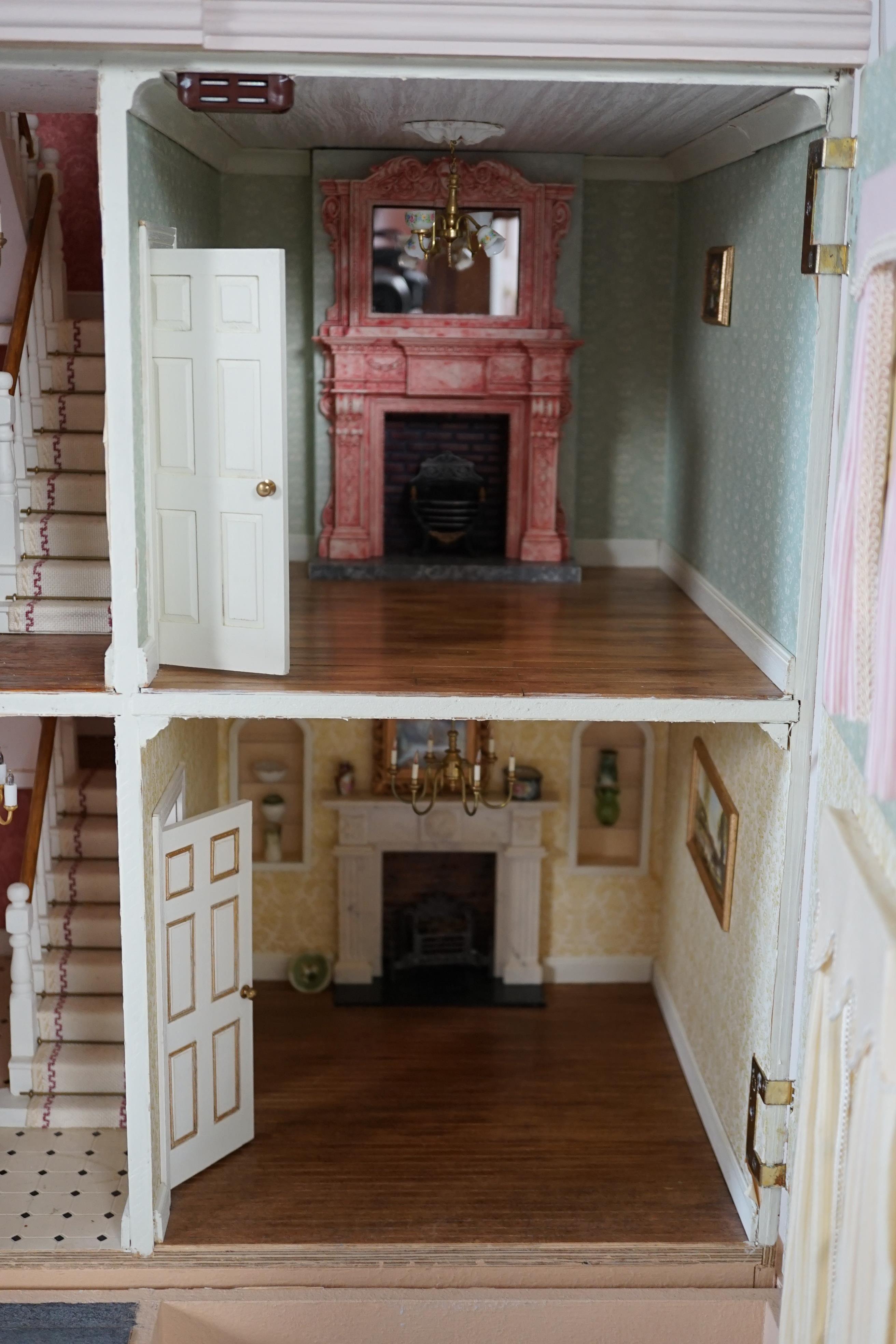 A large modern Georgian style dolls house and extensive contents, with eight fully decorated rooms - Bild 8 aus 15