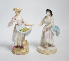 A late Meissen porcelain figure of a young woman wearing a black jacket and floral skirt on circular